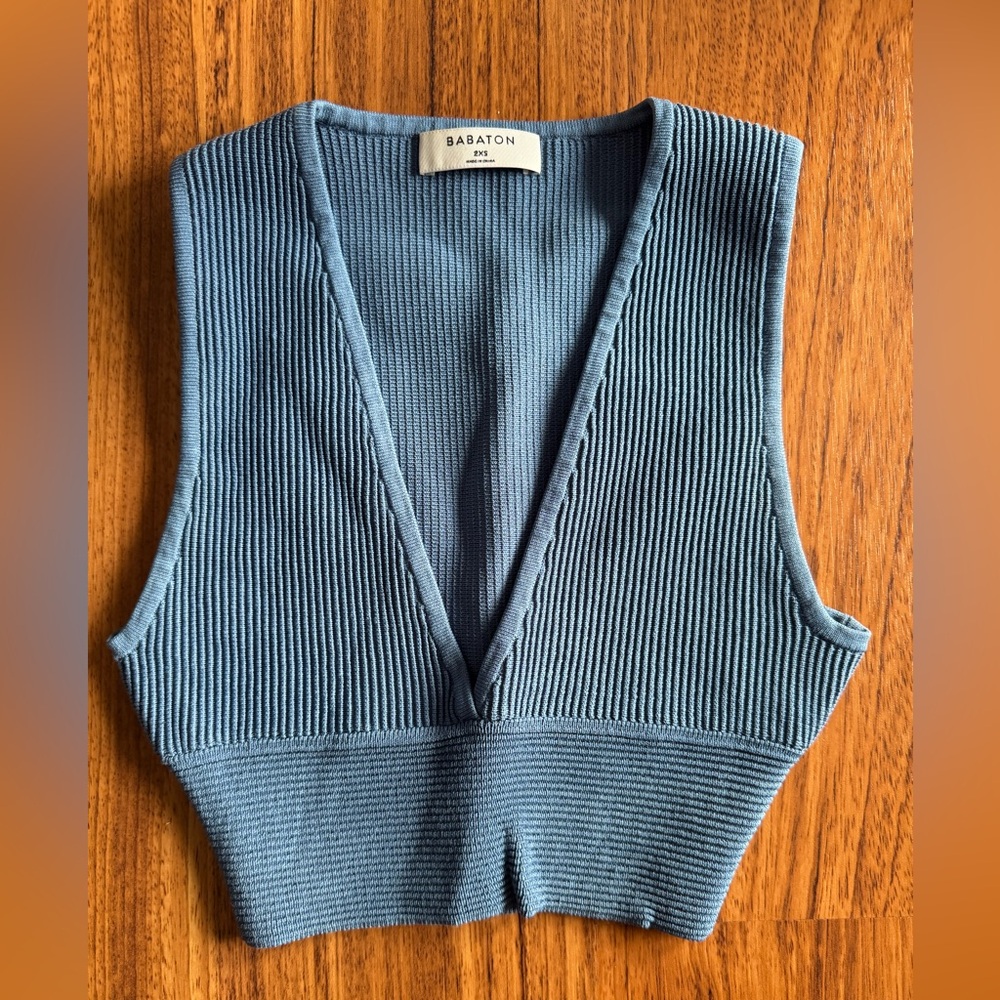 Aritzia Babaton Slate Blue Ribbed V-Neck Crop Top